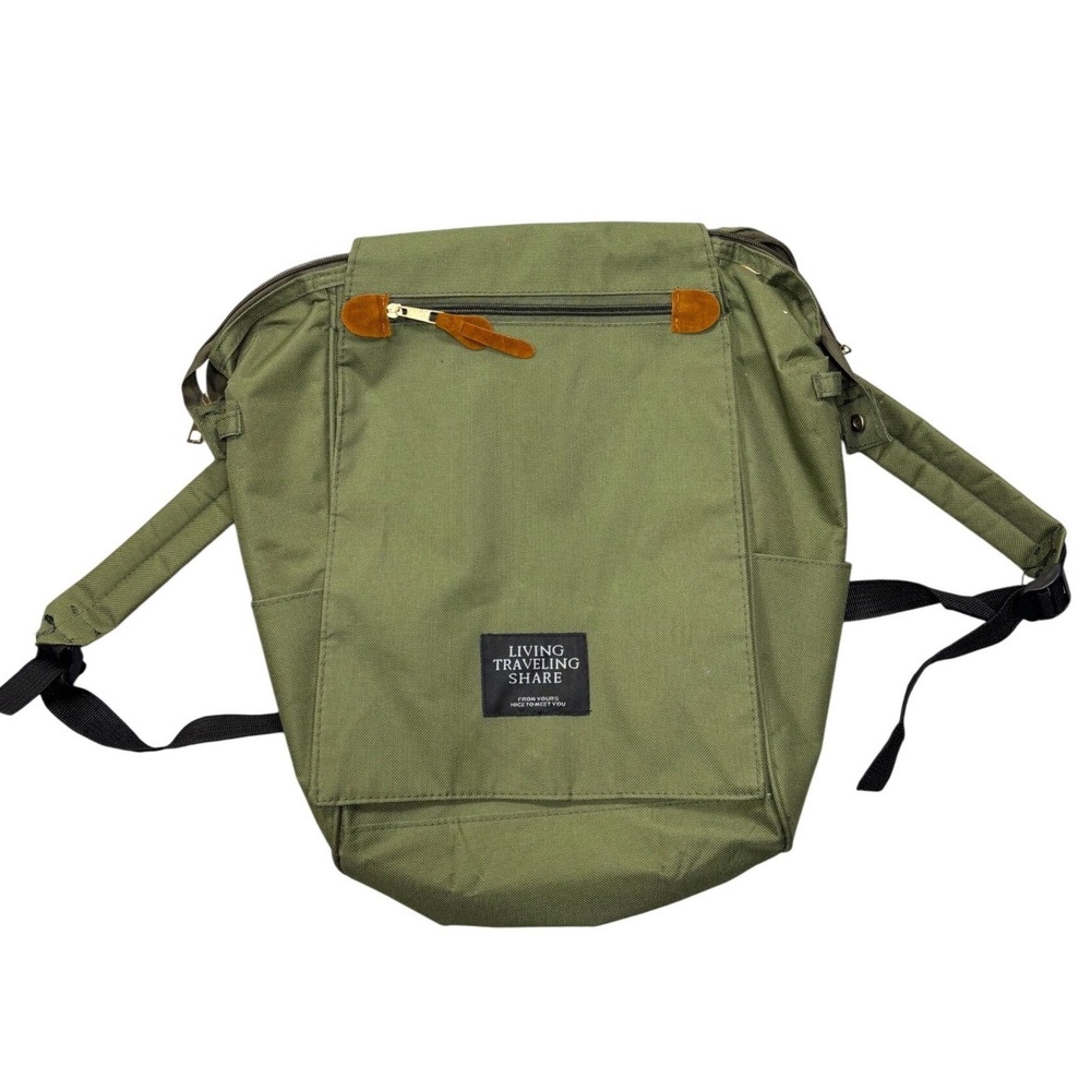 Living Traveling‎ Share Green Canvas Backpack Bag Fold Over Top Zip Pockets